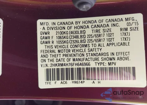 2015 Honda Cr-V Ex-L z USA, uszkodzony, nr VIN 2HKRM4H76FH646966